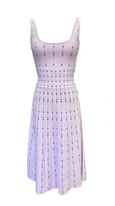 dress set in lilac lavender color perfect for a wedding guest style. tea length skirt 